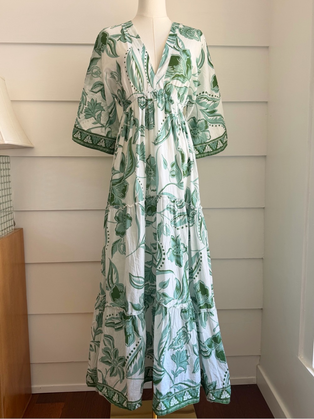 Haute Hippie White & Green Floral Tiered Maxi Dress Size S